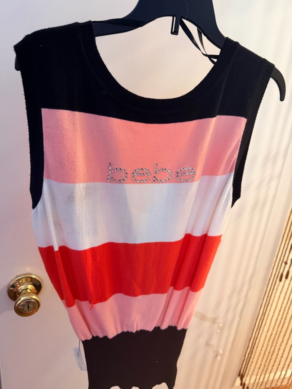 bebe Sleeveless Striped Knit Tank in Pink, Red, White, Black
